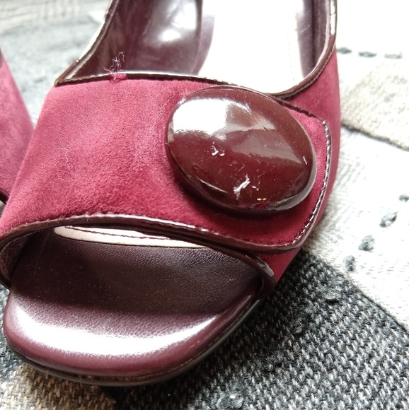 Raspberry Suede Franco Sarto Peep Button Wedge - Picture 5 of 8